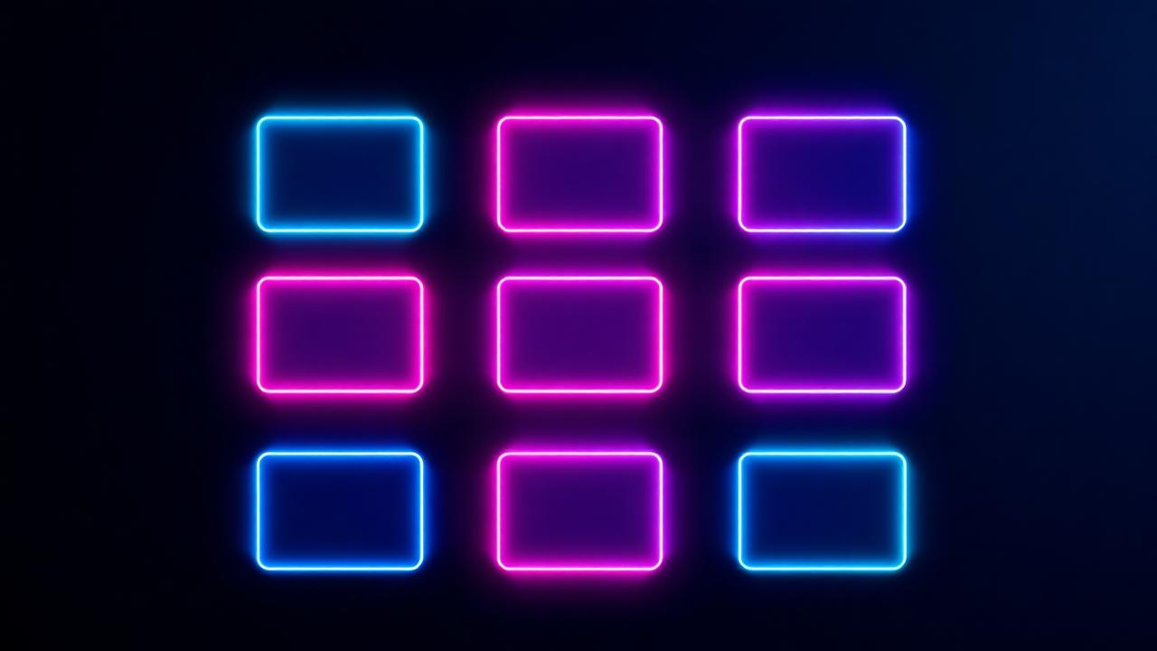 Nine glowing neon prize cards in three by three grid