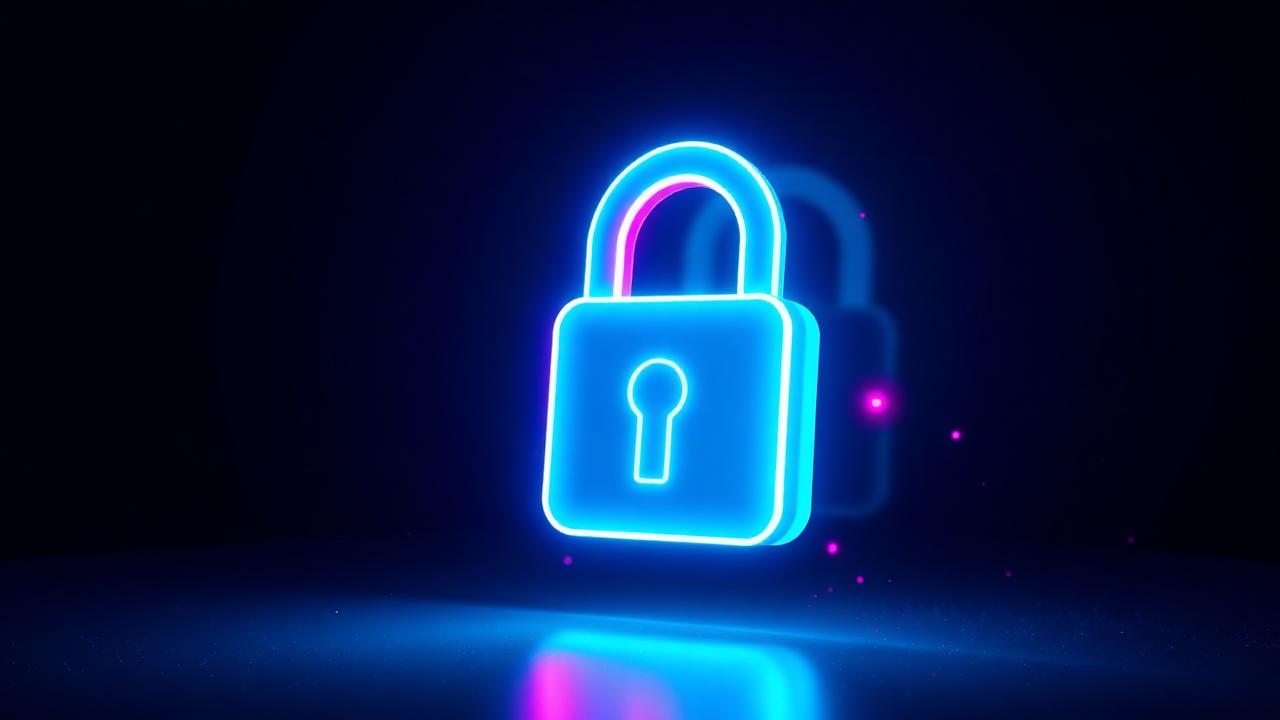Glowing neon padlock on dark navy background