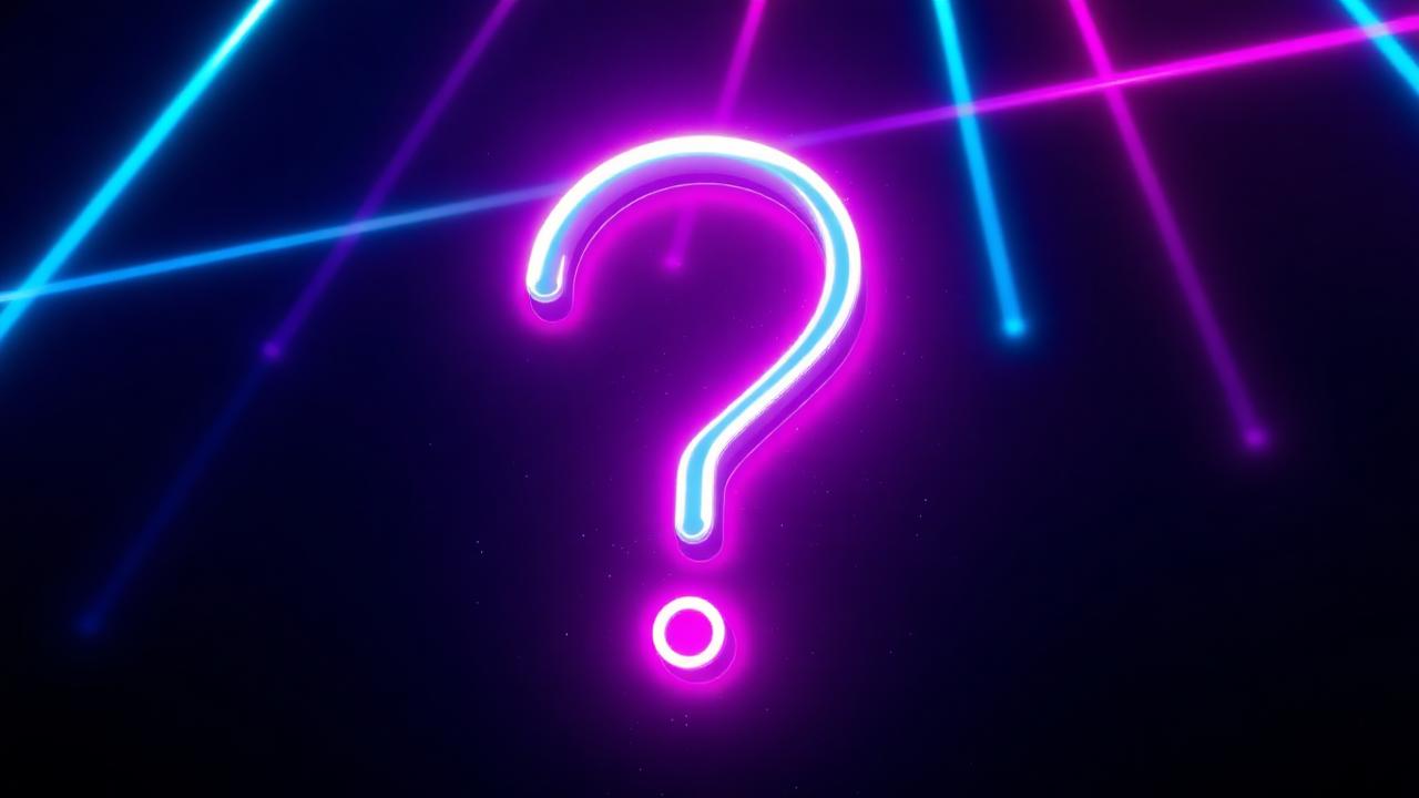 Glowing neon question mark on dark navy background