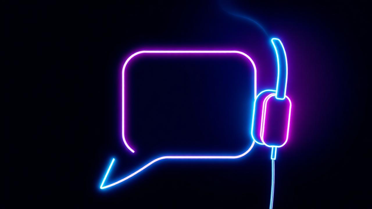 Glowing neon chat bubble and headset on dark navy background