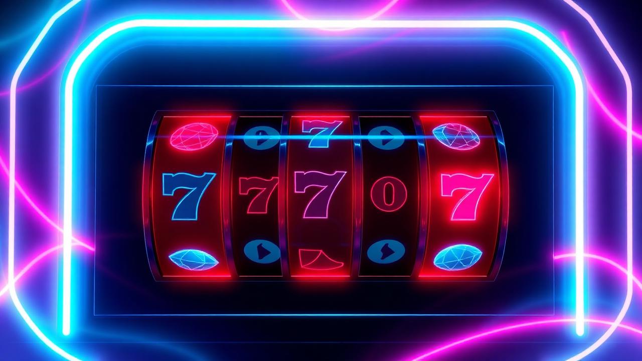 Glowing neon slot reels on dark navy background