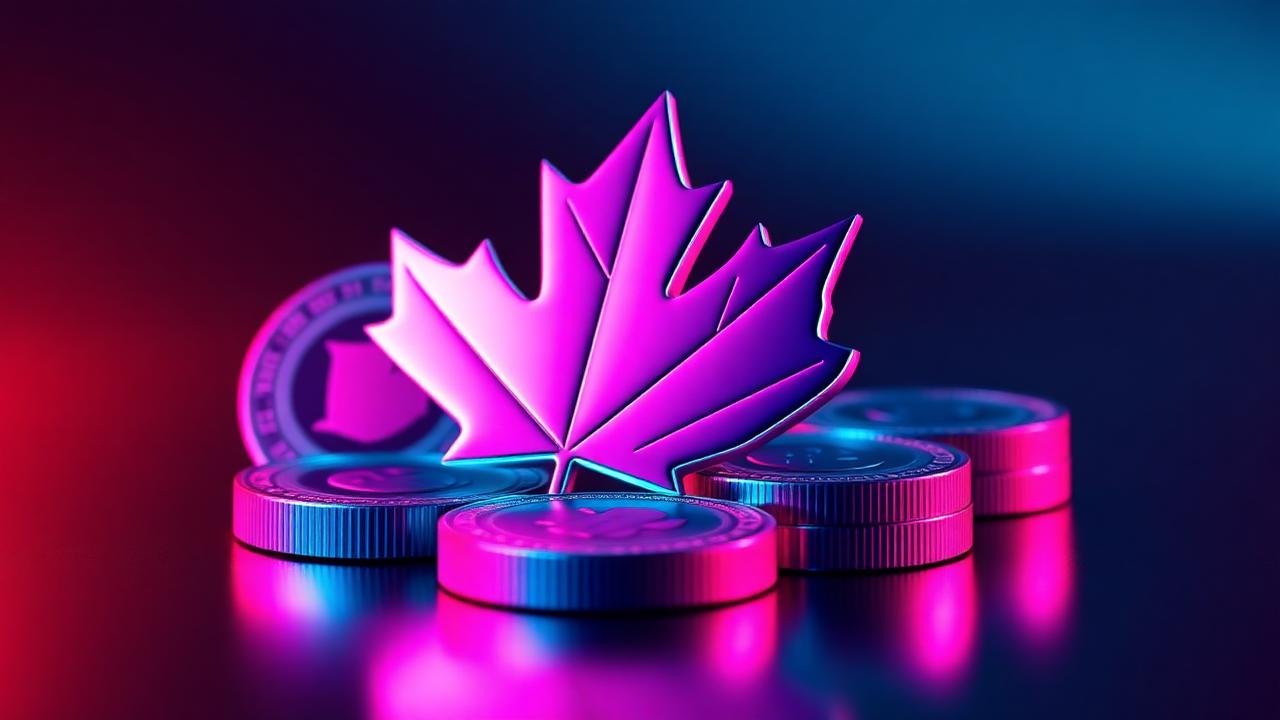 Glossy neon Canadian maple leaf and coins on dark navy background