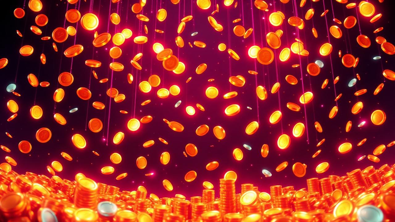 Cascade of glowing coins falling on dark navy background