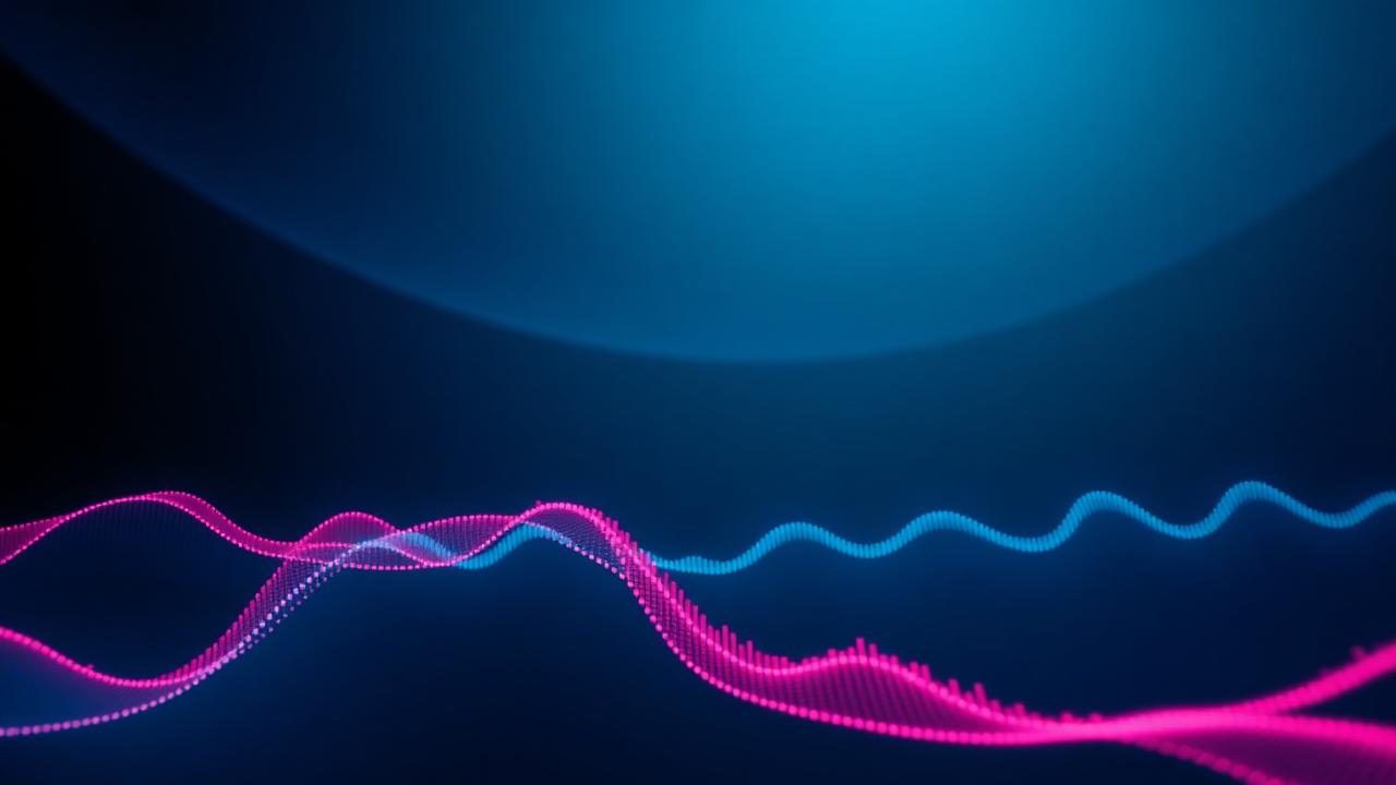 Glowing cyan and pink data waves on dark navy background