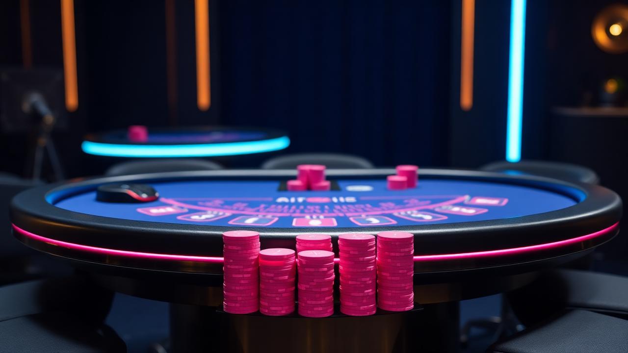 Neon lit live blackjack table with glowing pink chips