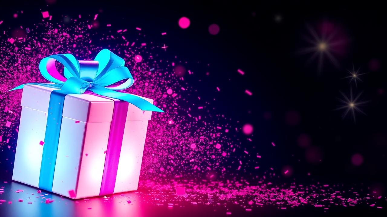 Glowing gift box with cyan ribbon and pink confetti on dark navy background