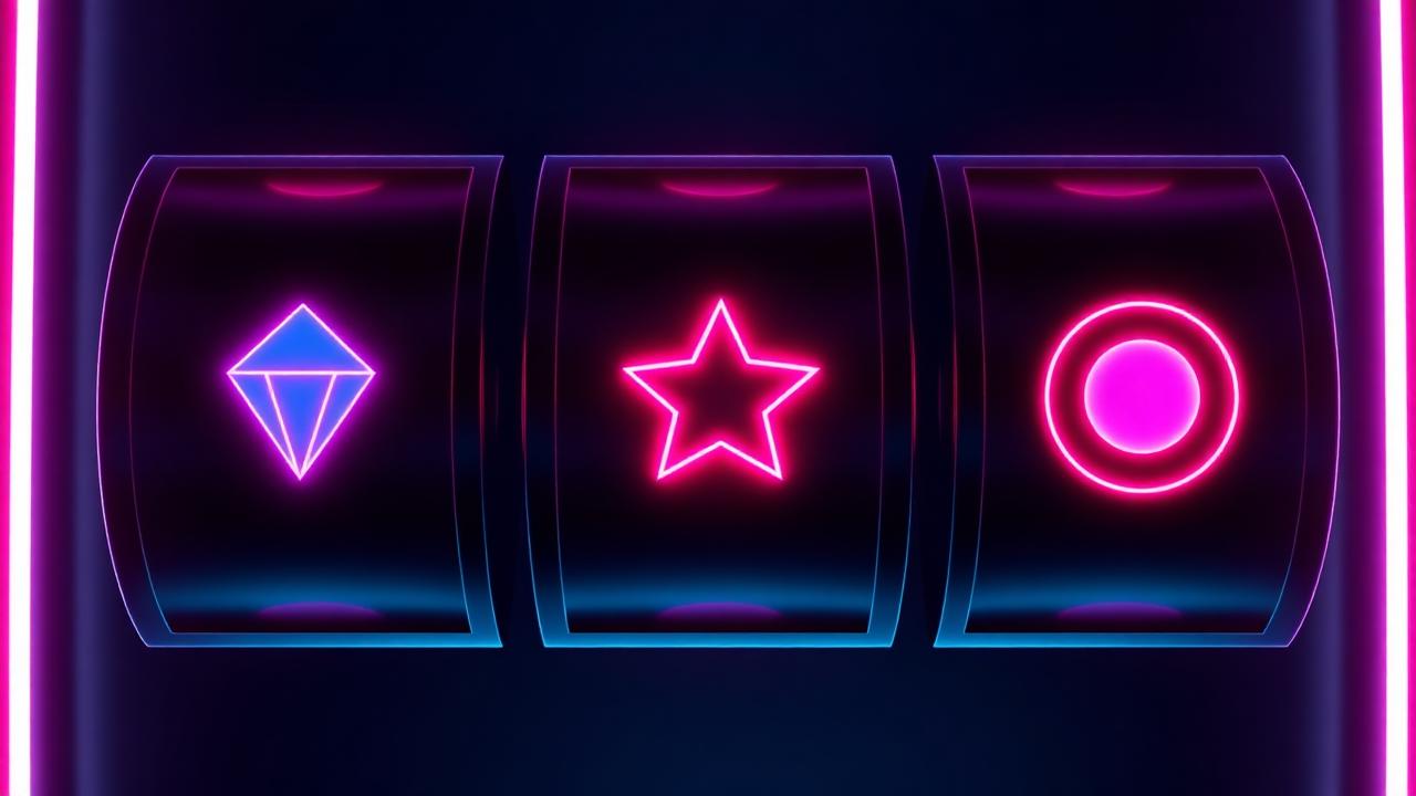 Three glowing slot reels with neon diamond star and circle symbols