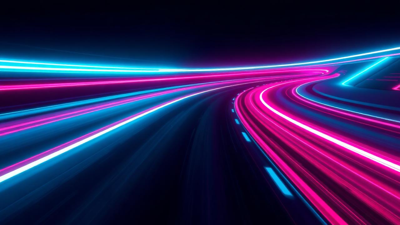 Neon light streaks racing along a curved track