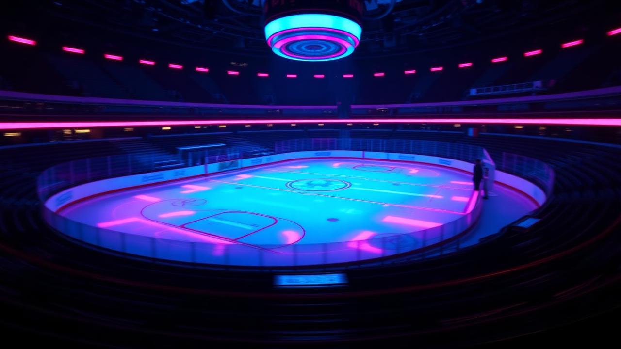 Neon lit hockey rink with cyan ice and pink rink boards