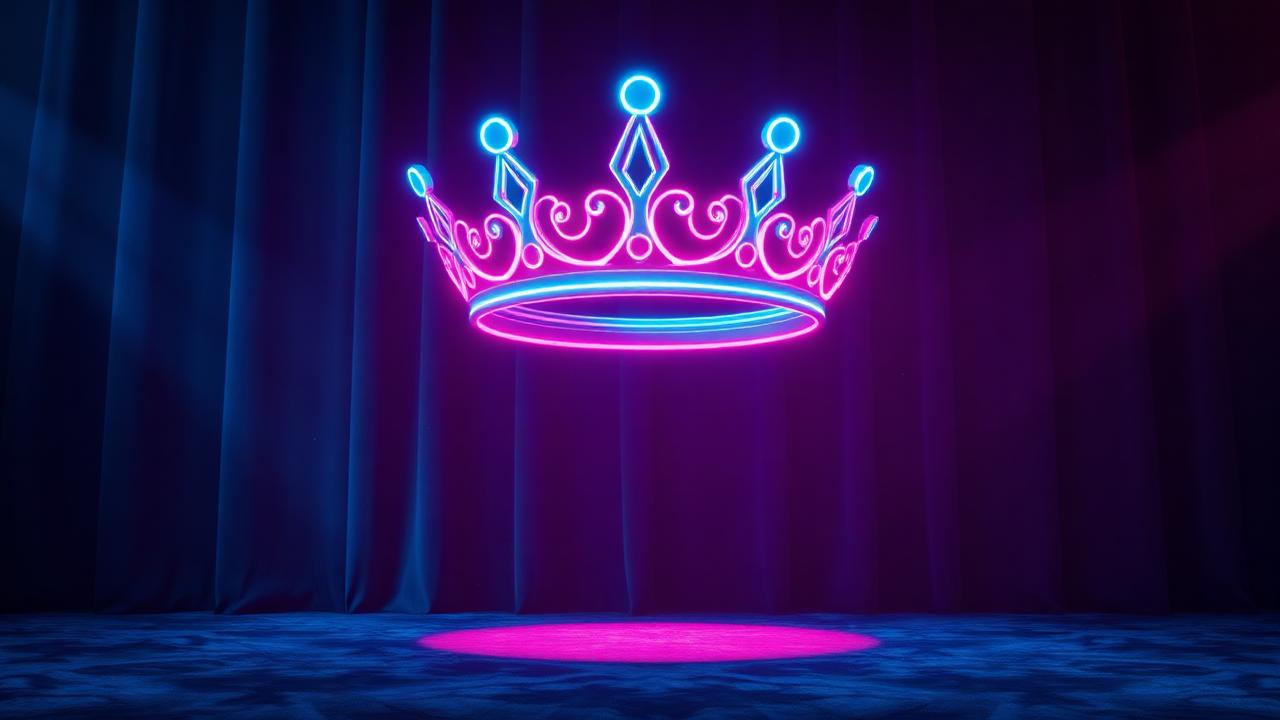 Glowing neon crown floating above a dark stage